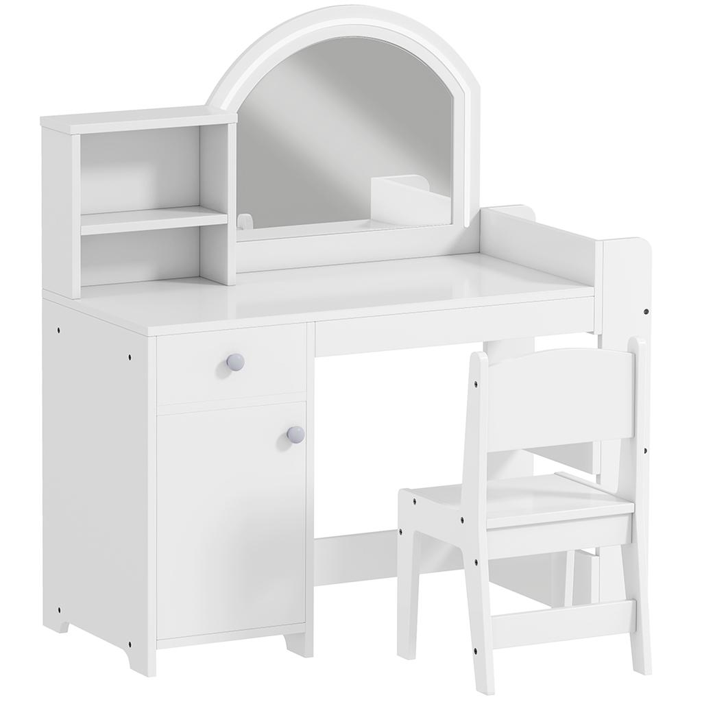 Children's Dressing Table with Stool and LED Mirror, for Ages 3-8, 88.6 x 38.8 x 96.9 cm, White