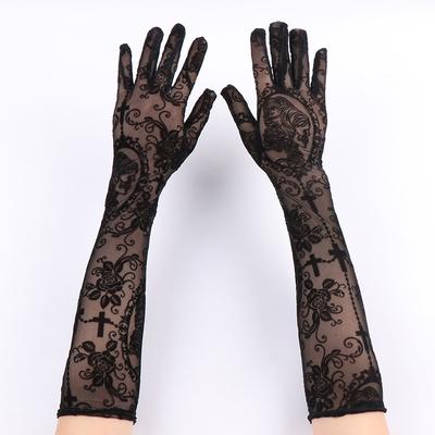 41cm Women Sexy Black Skeleton Flowers Printing Mesh Transparent Elasticity Long Gloves Performance Halloween Cosplay Accessorie