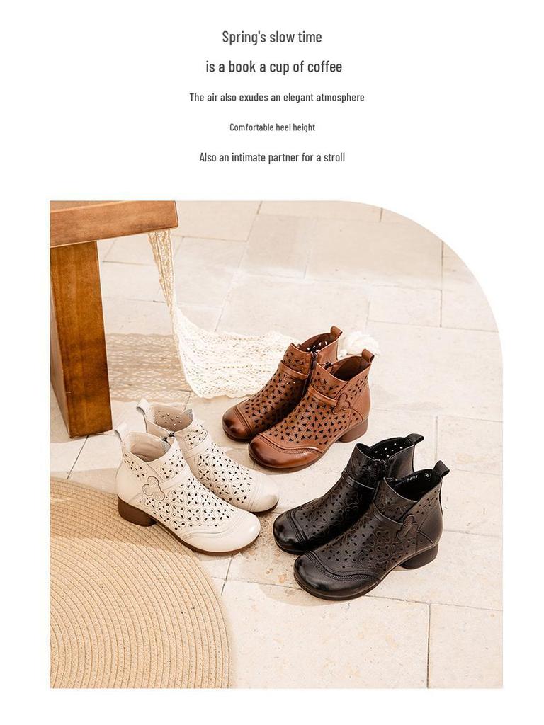 Letní retro vyřezávané kotníkové boty z hovězí kůže na robustním podpatku a se sandály s měkkou podrážkou pro ženy