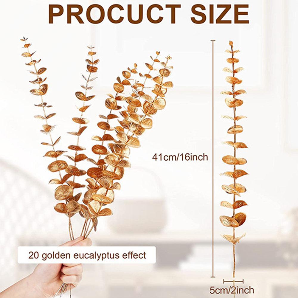 20/40pcsLot Artificial Gold Stem Eucalyptus Branch Artificial Plants for Wedding Flower Greenery Arrangement Home Decoration
