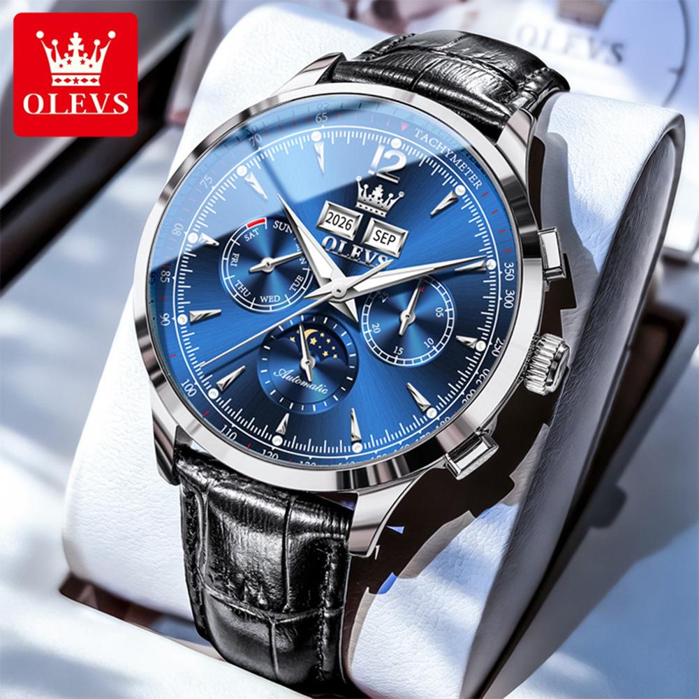 OLEVS Brand New Fashion Moon Phase Original Mechanical Watch Men Leather Strap Waterproof Week Calendar Automatic Watches Mens