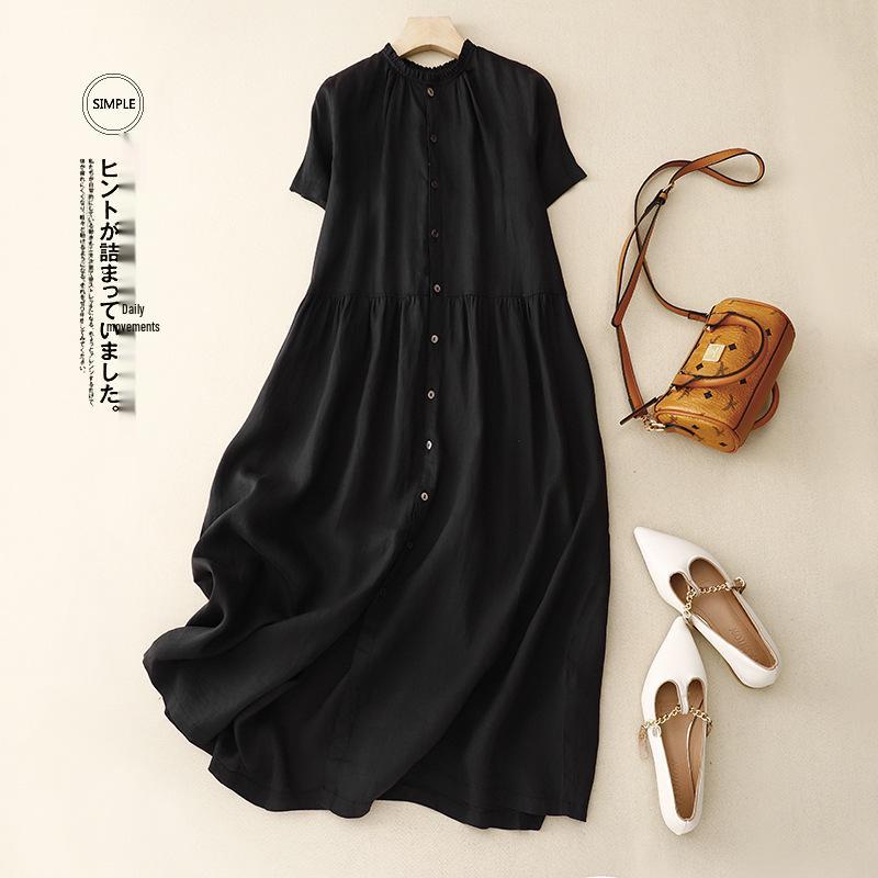 Reversible 2023 Summer Cotton Linen Ruffle Collar Dress with Swing Skirt & Short Sleeves