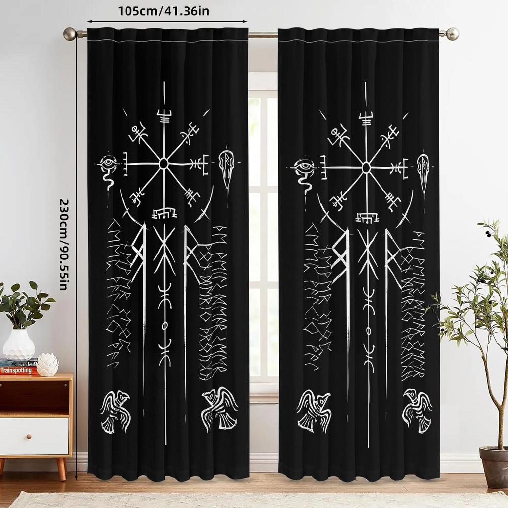 2PCS Vegvisir Symbol Print Polyester Curtains Rod Pocket Top for Living Room Home Decor