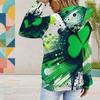 Women Plus Size Long Sleeve Dark Green Clover Printed Drawstring Hoodie Kangaroo Pocket Pullover