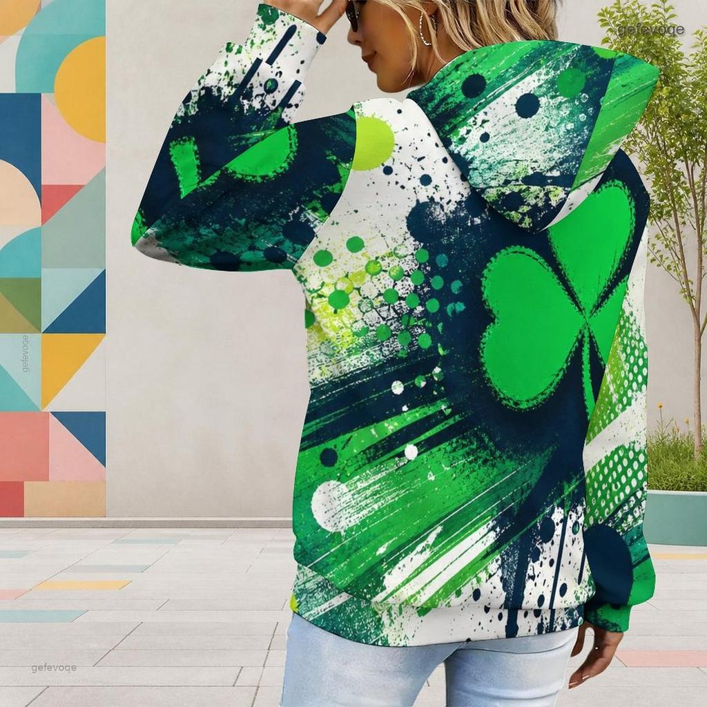 Women Plus Size Long Sleeve Dark Green Clover Printed Drawstring Hoodie Kangaroo Pocket Pullover