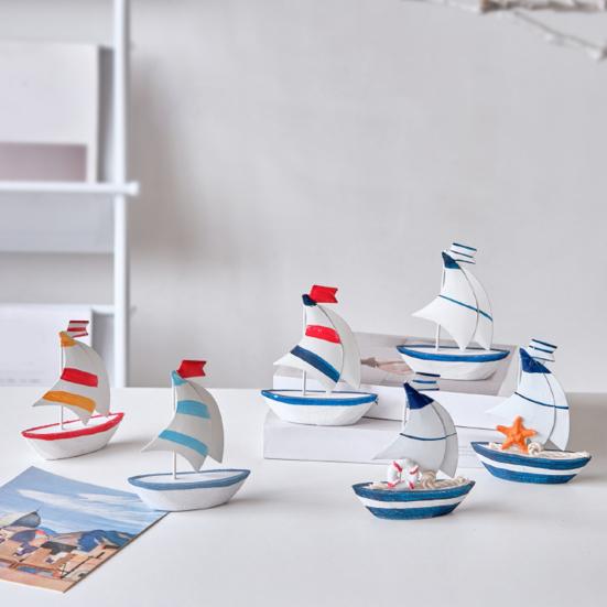 Sailboat Ornament, Wooden Iron Desktop Figure, Small Nautical Tabletop Decoration, Blue White Striped Lifebuoy Starfish Marine Style Ornament