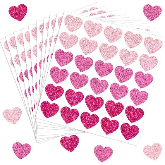 300Pcs Valentine's Day Glitter Pink Heart Stickers 1.5 Inch Sparking Adhesive Heart Stickers Arts and Crafts Decorative Envelope Seals for