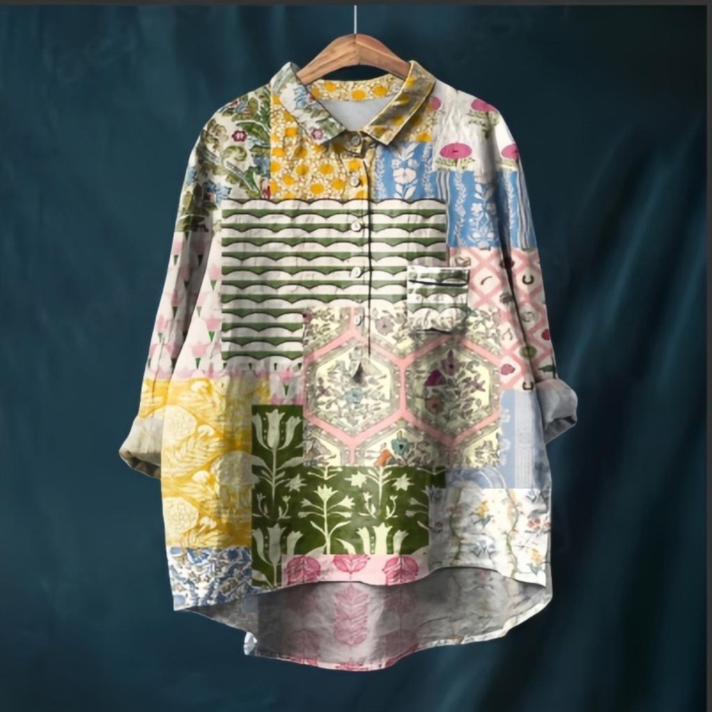 Women's Turn Down Collar Long Sleeve Floral Print Shirt Loose Fit Elegant Casual Blouse