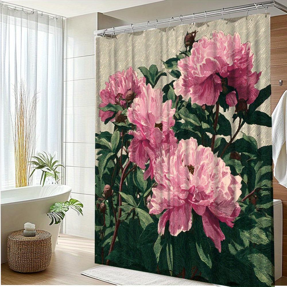 

1Pc Elegant Floral Shower Curtain - Bathroom Decor With Pink Peonies & Green Foliage, Extra Long 70X70 Inches, Includes 12 Hooks W60H190(CM)-1 Pcs