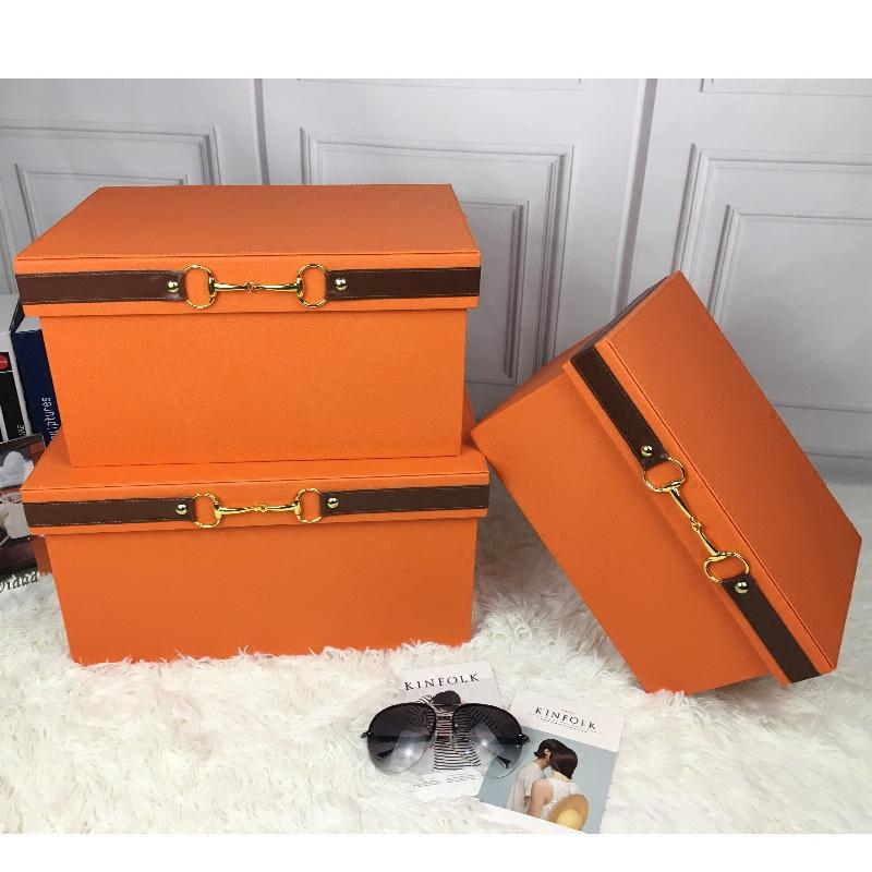 Luxury  Pu Leather Orange Storage Bins Colorful Storage Box  Organizer Containers Baskets with Cover Handles