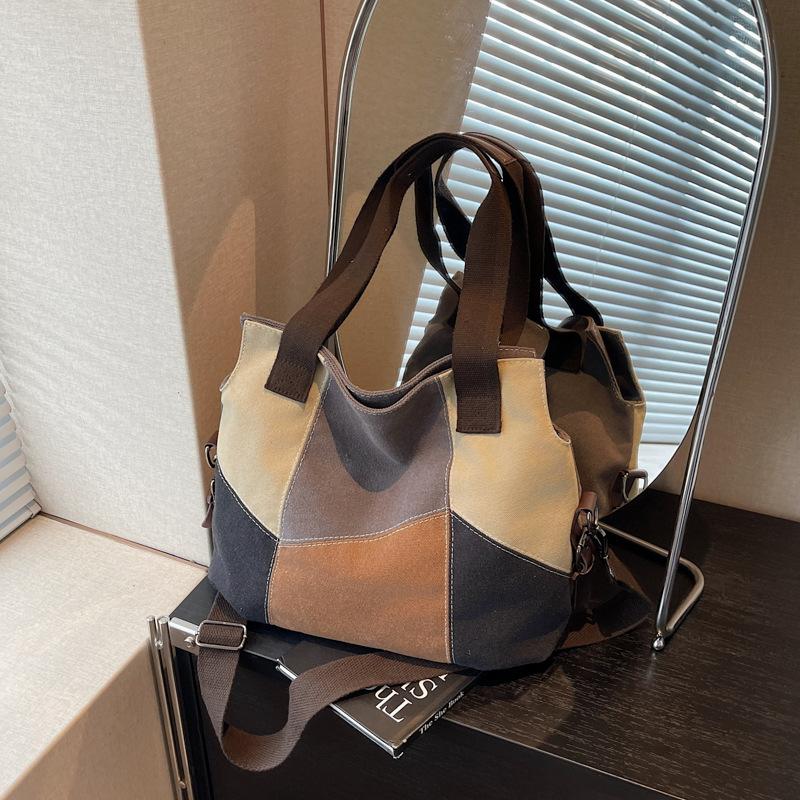 

Холщовая сумка женская большой вместимости новая летняя универсальная контрастная цветная сшивная сумка-мессенджер классная сумка-тоут темно-коричневого