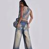 Retro Wing Print Rivet Wide-Leg Jeans