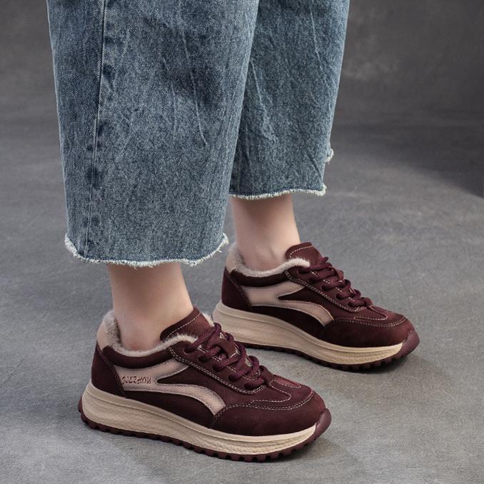 Johnature Genuine Leather Sneakers Plush Warm Cotton Shoes Retro Versatile Casual Women's Shoes