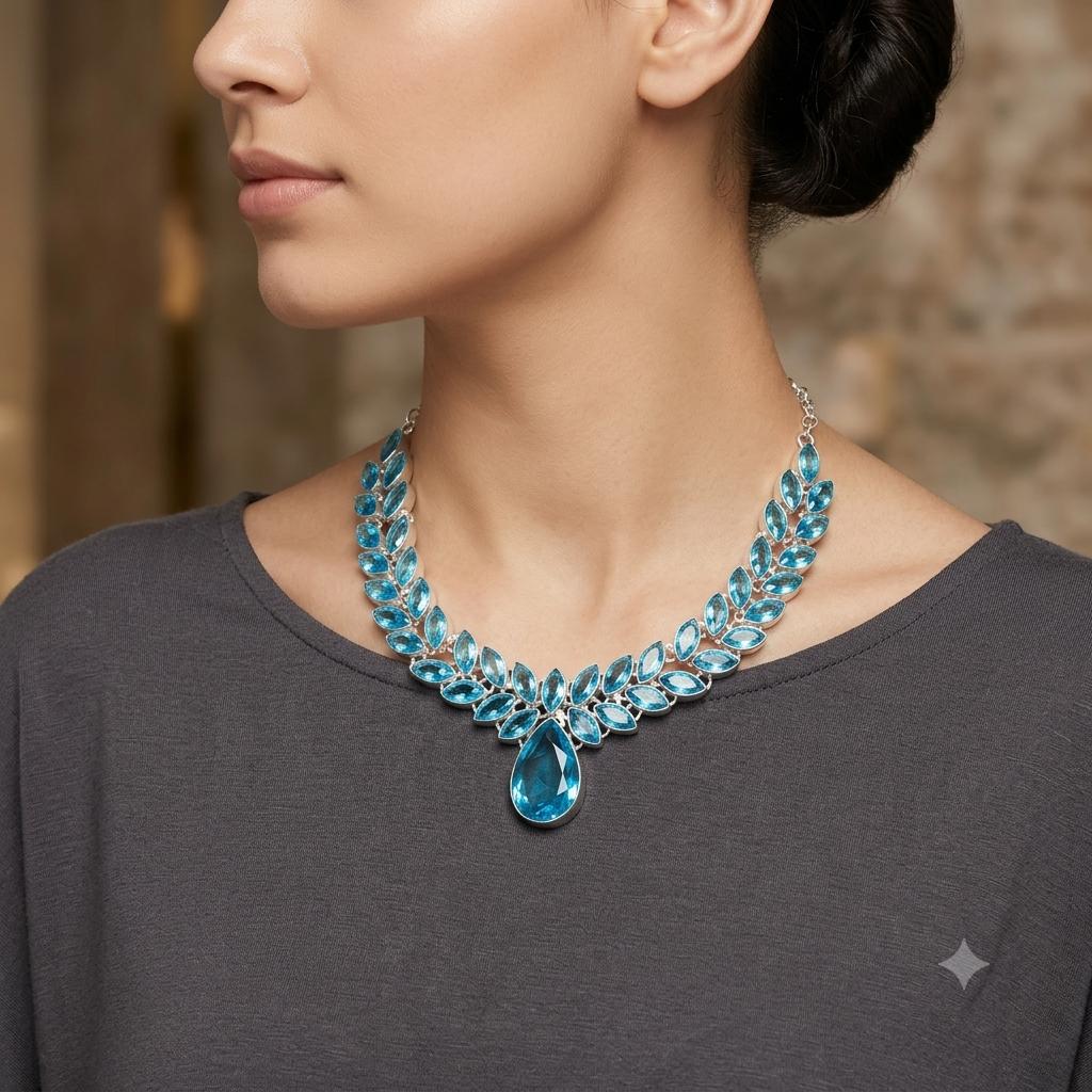Luxus blauer Topas Edelstein Marquise Kristall Cluster Choker Halskette Vintage versilbert Statement Party Schmuck für Frauen