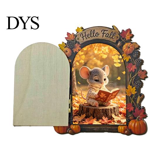 Fall Home Decor Accents Elf Wooden Door Halloween Decor, 2D Fairy Mouse Miniature Wall Rustic Autumn Shelf Hanging, Ornament for Home, Thanksgiving