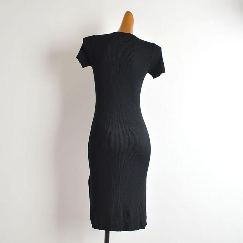 New Arrival Minimalist Solid Color and V-neck Short Sleeve Knitting Dress Women's Clothing Summer Mid Length Long Length Double Slit Bodycon Dress