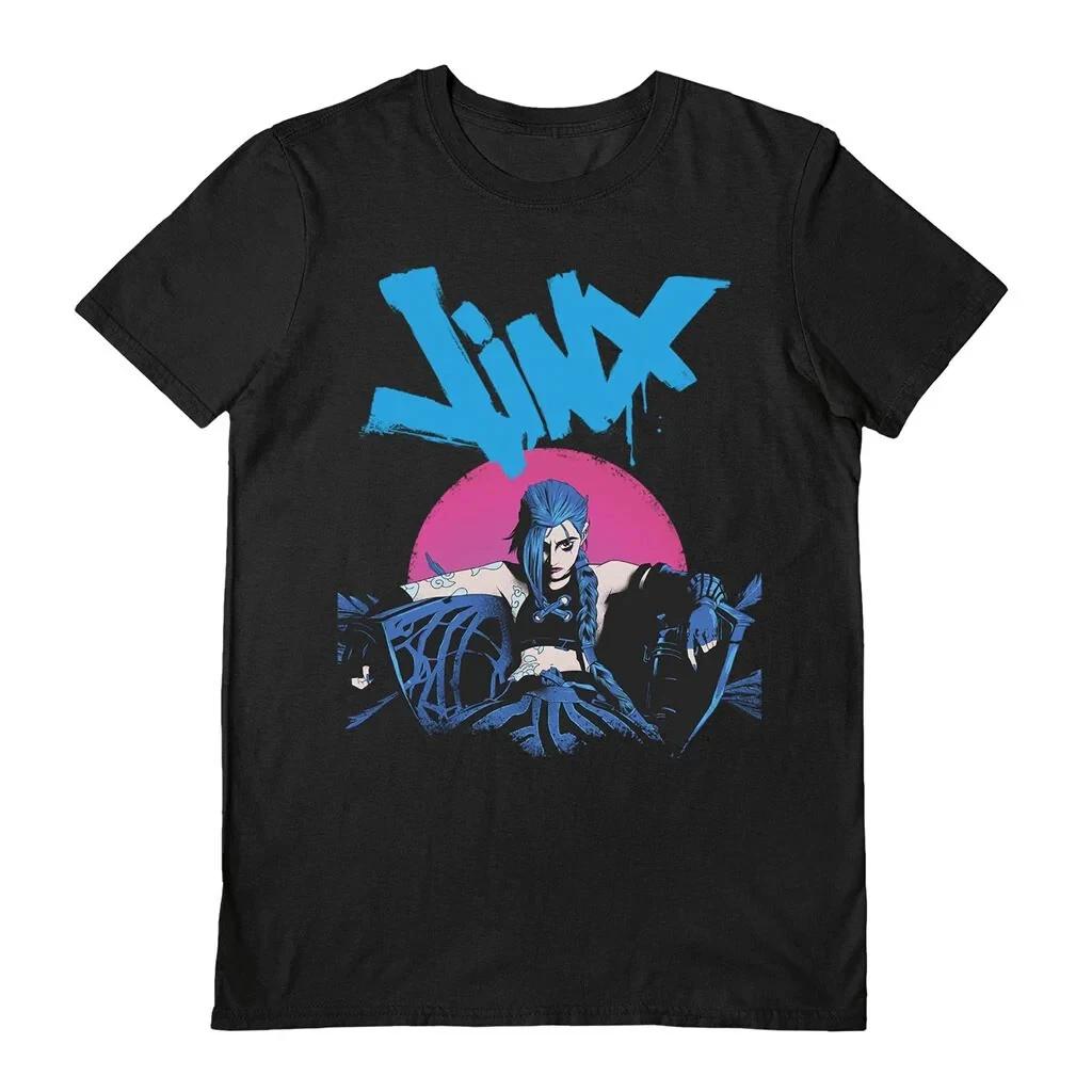 Arcane League of Legends 100% Cotton T-shirt Mens Tees Top - Official Jinx Short Sleeve Black Tee