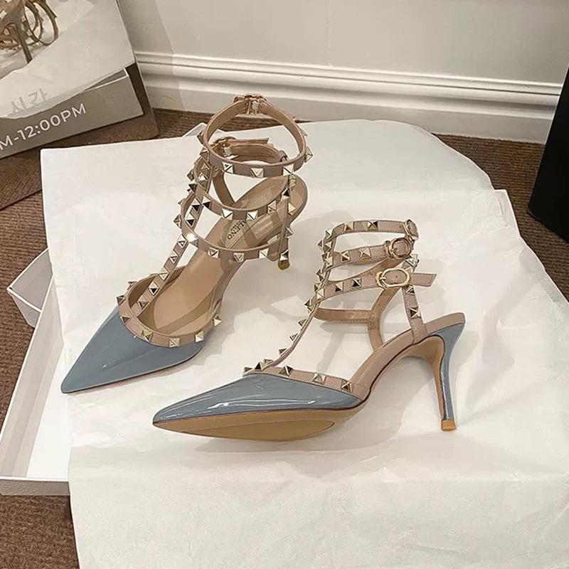 Naked patent leather rivets pointed high heels new three-ring one-word buckle with willow stiletto bag head sandals summer