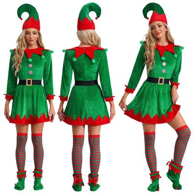 Weihnachtselfenkostüm für Damen, mit Pompom, kontrastierendem Samtkleid, Taillengürtel, Mütze, gestreiften Strümpfen und Schuhen, 5-teiliger Verkleidungsanzug