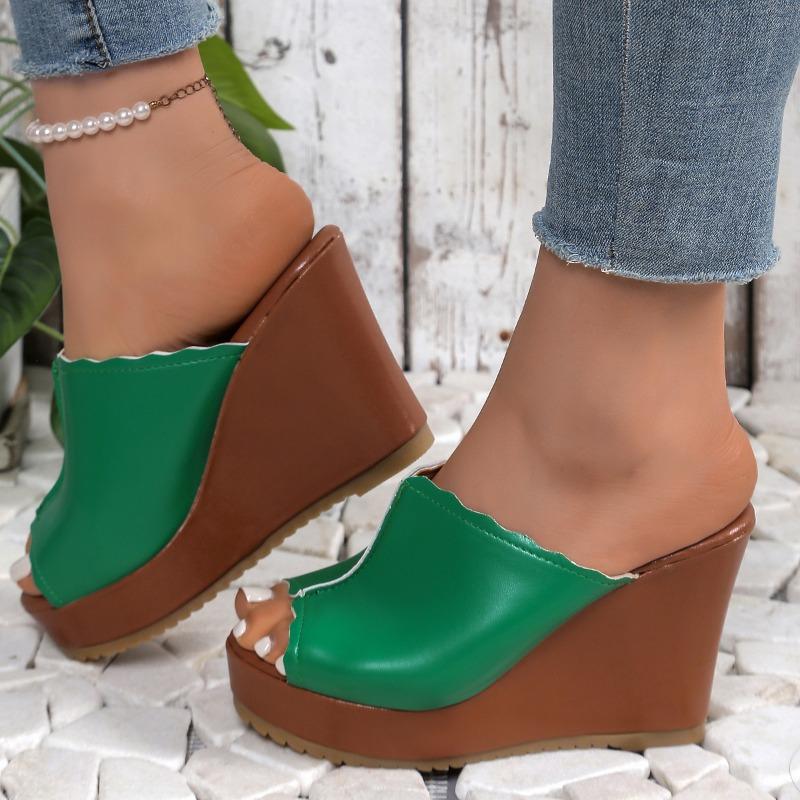 

2025 Обувь для женщин Открытый носок Женские шлепанцы Уличные повседневные шлепанцы Женские с круглым носком Высокие танкетки Большой размер Женские сандалии 42 зелёный