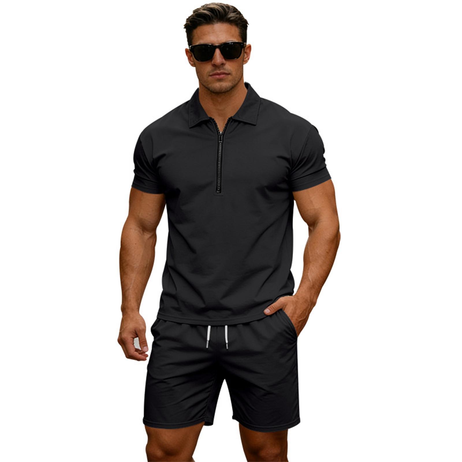 

Men s Loose Zipper Collared Short-sleeved Short Pants Two-piece Set L чёрный