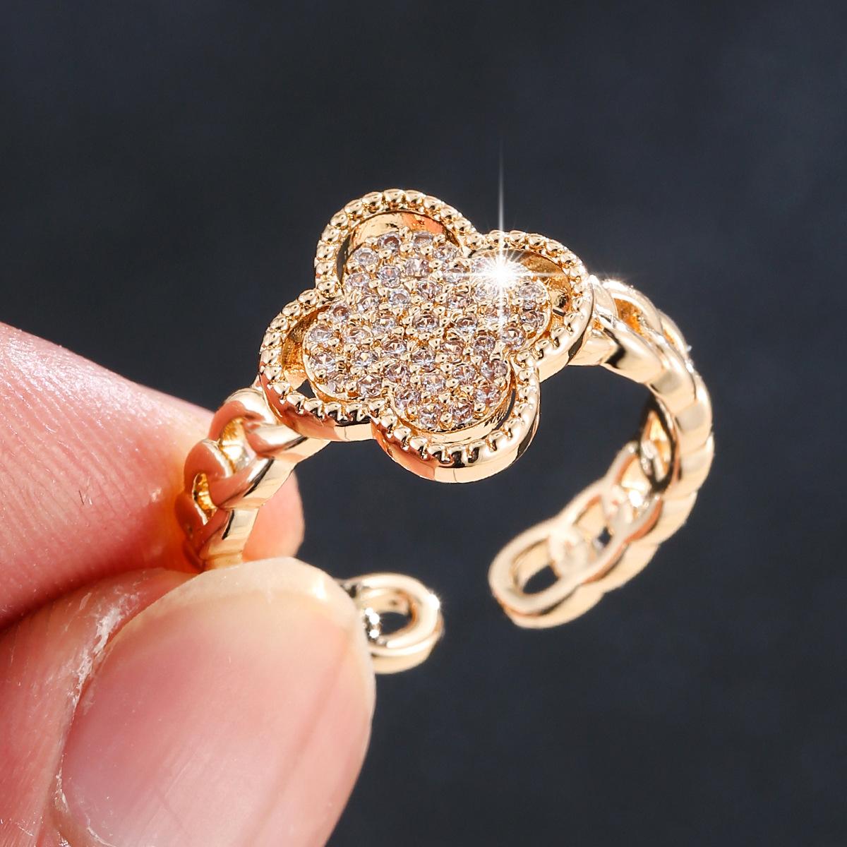 Four-leaf Clover Ring for Women Accessible Luxury Classy Four-leaf Clover Non-fading Ring Fashion Zircon Open Women s Ring Adjustable opening