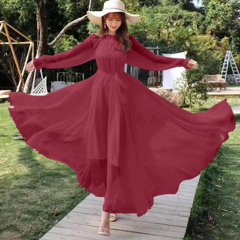 Abito da Spiaggia in Chiffon Super Lungo da Donna Primavera Estate Elegante Manica Lunga Ampio Allacciato Slim Vestiti