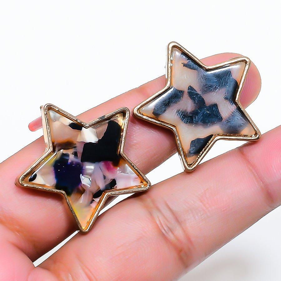 Natural Dendrite Opal Gemstone Brass Jewelry Earring 1.10 AE-12909