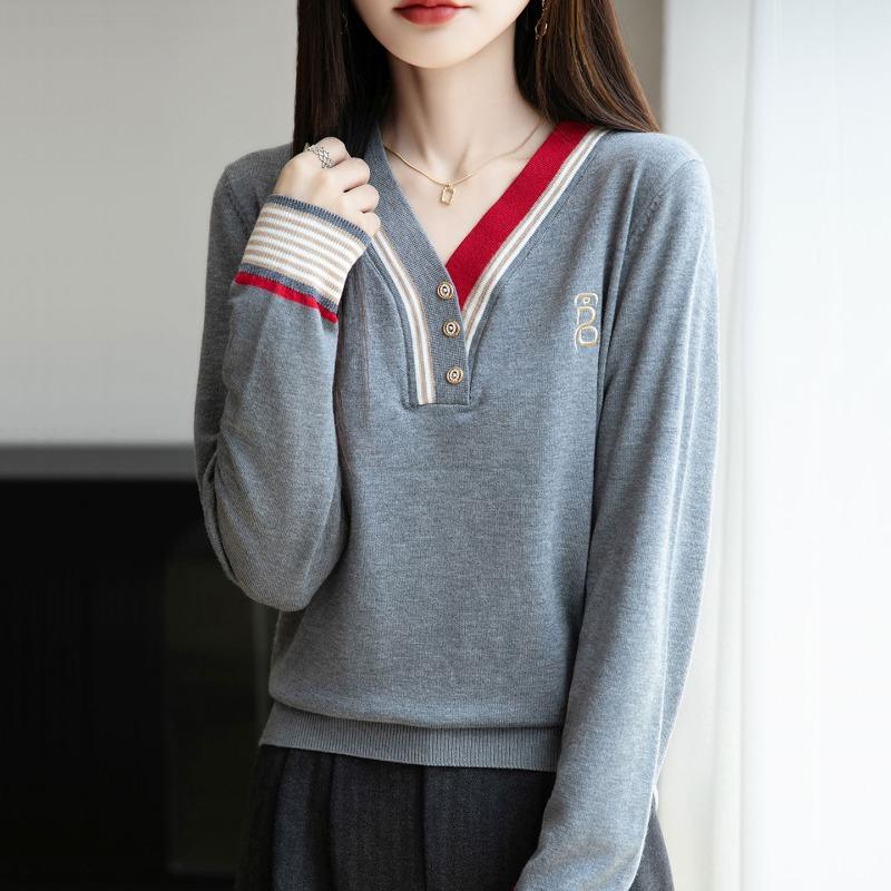 

Autumn Winter Casual Fashion Striped Patchwork V-neck Sweater Women Pullover All-match Bottomed Knitting Top S