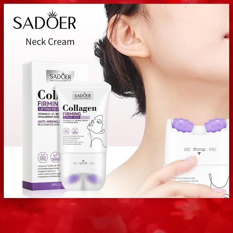 Sadoer 110ml Crème Raffermissante Neck Cream au Collagène Lifting Hydratante Éclaircissante Rouleau de Massage Crème Beauté Cou Soins de la Peau du Cou