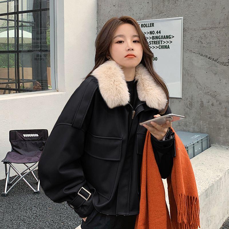 Zimní kožená parka s fleecovou podšívkou pro ženy Korejská volná krátká bunda Teplý svrchní oděv