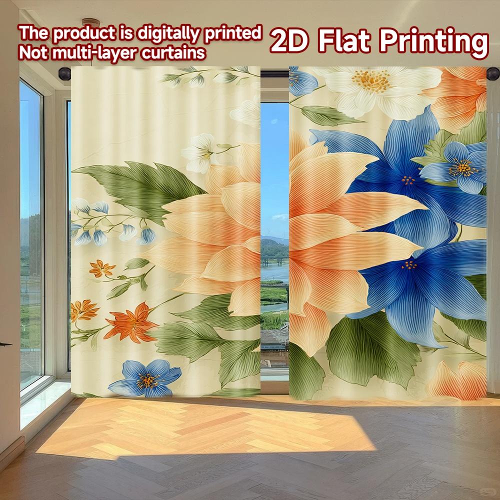 

Flat Printing Curtains Without Rod Floral Spring Design Easter Festival Chic Print Versatile Fabric Set Of 2 Made Polyester W100*H70(CM)-Hooks&1PCS