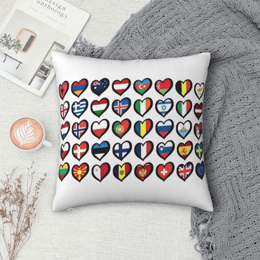 Eurovision Song Contest Flags Hearts Esc Ebu Eurofans Pillow Cases Music Cushion Cover Zipper Decor Pillowcase For Home 40X40Cm