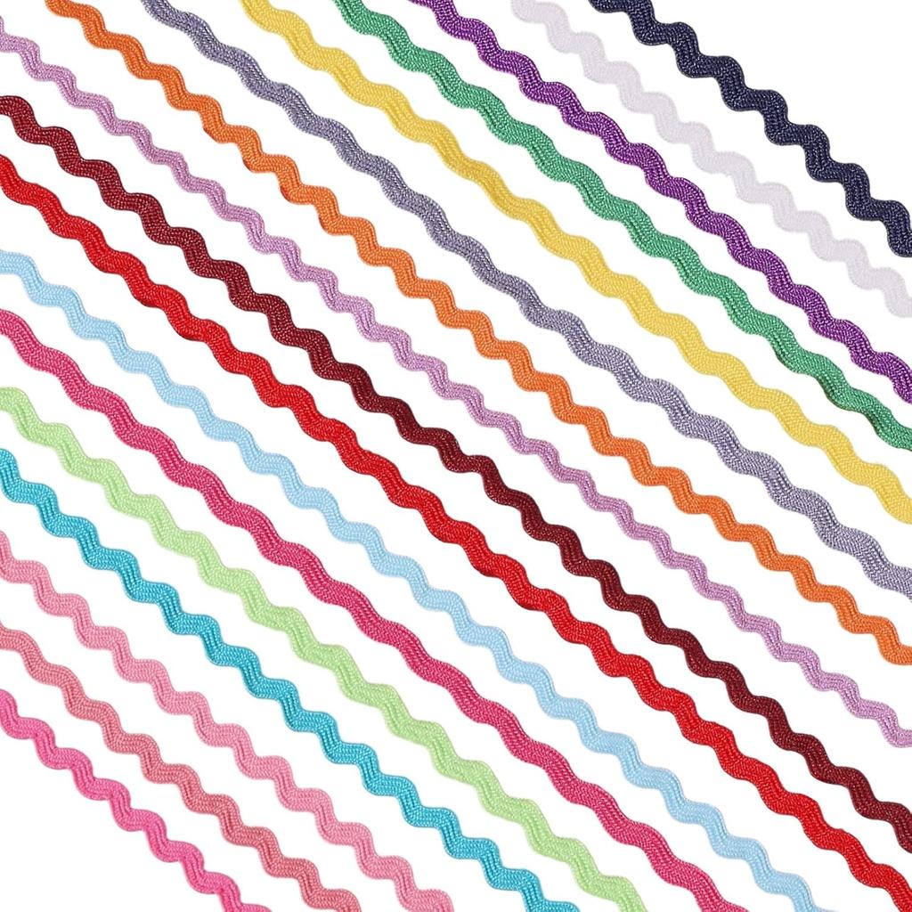 GLOBLELAND 34Pcs 17Colors Mini Rick Rack Fringe Trim Ribbon Tiny Wave Bending Sewing Lace Trim Ribbon for Doll Clothes Sewing Craft Supply