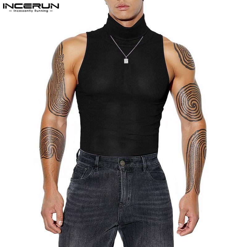 INCERUN Summer Men Turtleneck Sleeveless Racerback Rib Sport Tank Tops T-shirts