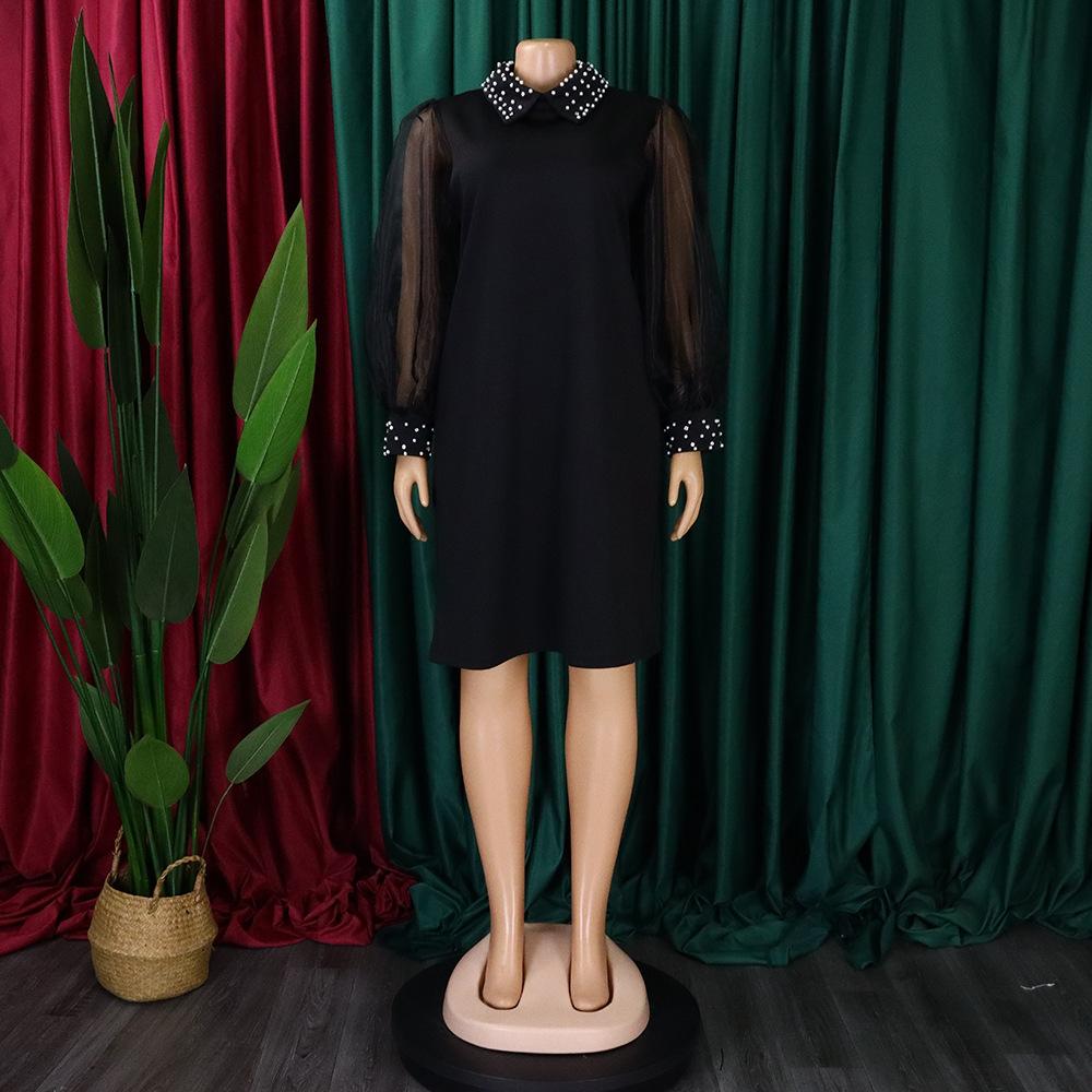 Spring and Autumn Women's Dress Plus Size Temperament Mesh Splicing Beading Loose Dresses