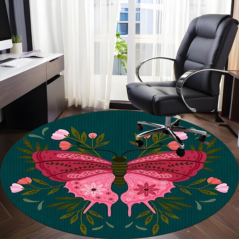 1PC Butterfly Floral Pattern Office Round Rug, Non slip, Soft and Durable Office Rug for Interior Decoration, Perfect for Office