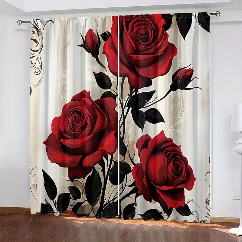 2pc Burning Red Rose Curtains   Light Luxury French Style   Suitable for Bedrooms  Living Rooms   Rod Pocket Decorative Curtains