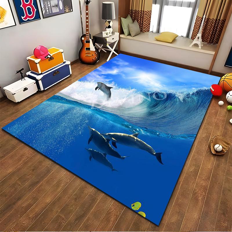 Ozean-Thema Teppich mit Delfinen und Wellen für Wohnzimmer-Dekoration Geeignet zur Verwendung als Anti-Rutsch-Matte für Wohnzimmer, Schlafzimmer, Sofas