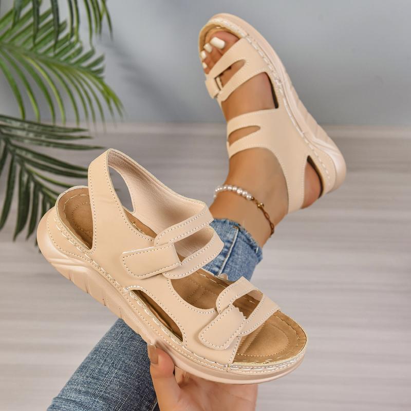 Fashion Casual Hollow Out Nude Velcro Sandals Women 2025 Summer Round Toe Wedge Heel Sandals Comfortable Soft Sole Non Slip Mom's Shoes