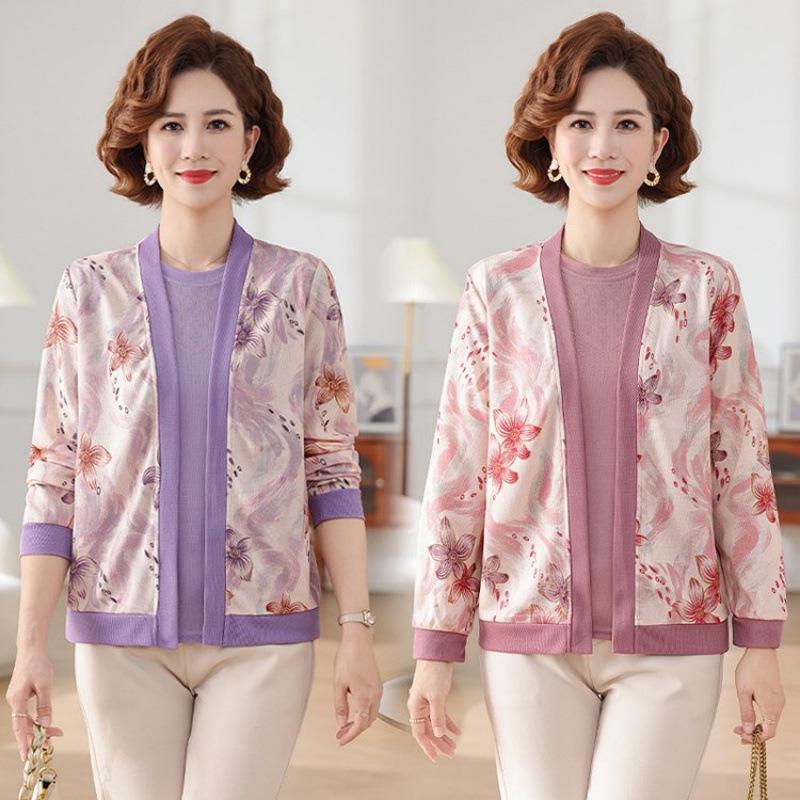 Mom's Autumn Knit Two-Piece Set: Stylish Chinese-Inspired Cardigan for Middle-Aged & Elderly Women