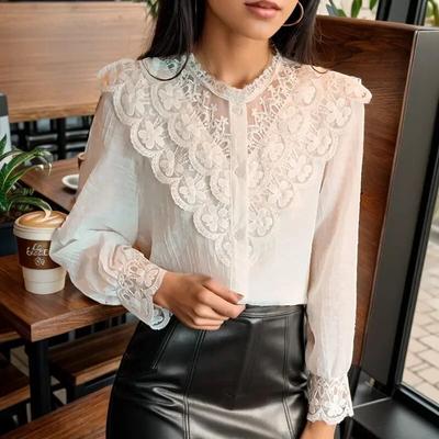 Μακρυμάνικη Κομψή Γυναικεία Δαντελένια Μπλούζα Άνοιξη Φθινόπωρο Δαντελωτή Ραφή Φαρδιά Απλή Μπλούζα Γυναικεία Γλυκά Φλοράλ Καθημερινά Τοπ 29755