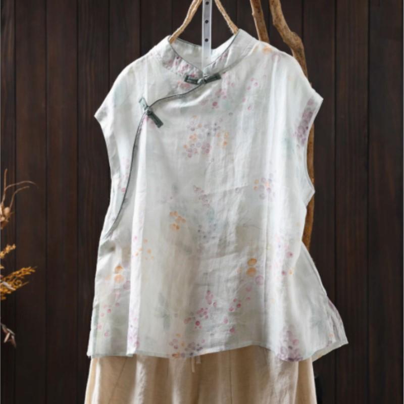 Johnature Women Chinese Style Print Floral Shirts Stand Sleeveless Button Summer Blouses Vintage Female Shirts