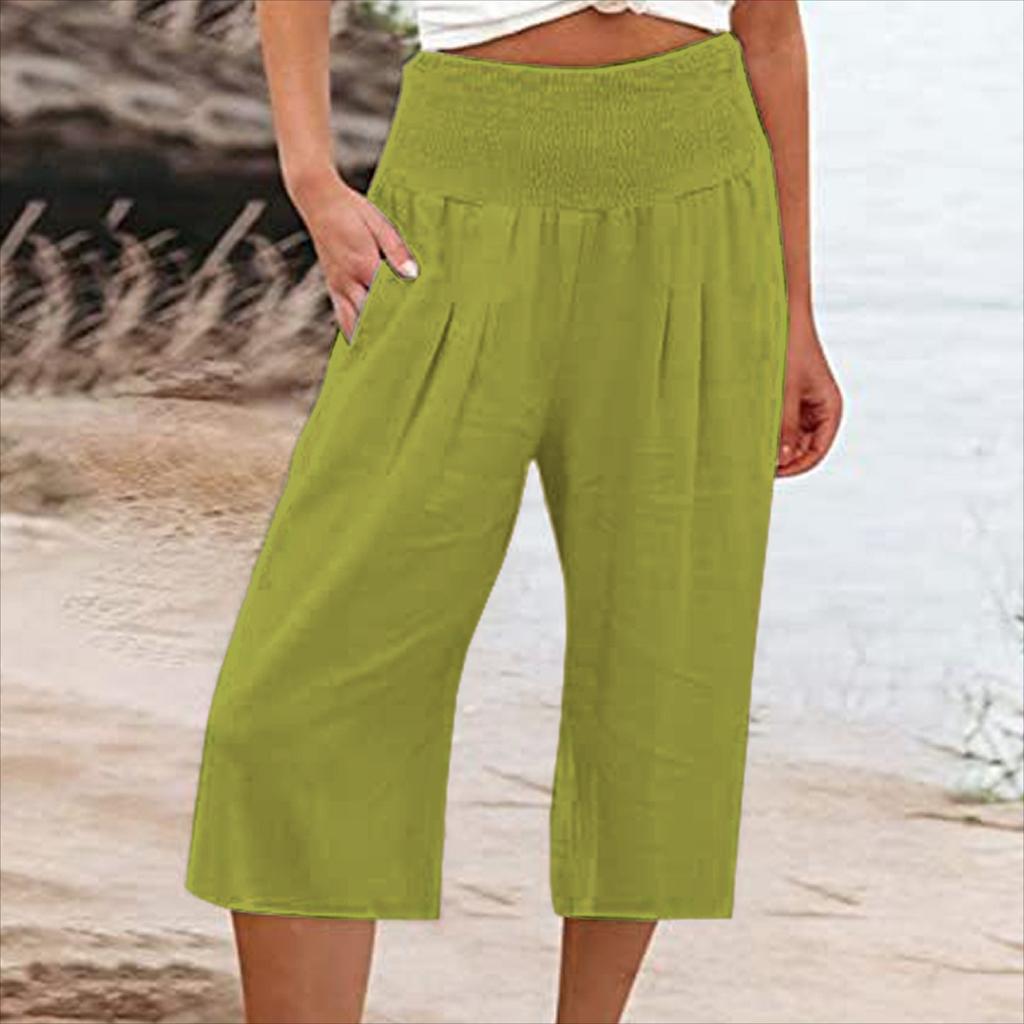 Summer Eurn Women's Cross-border Cotton Hemp Seven Waist Pocket Pocket Pocket Pocket Wide Leg Pants Woman