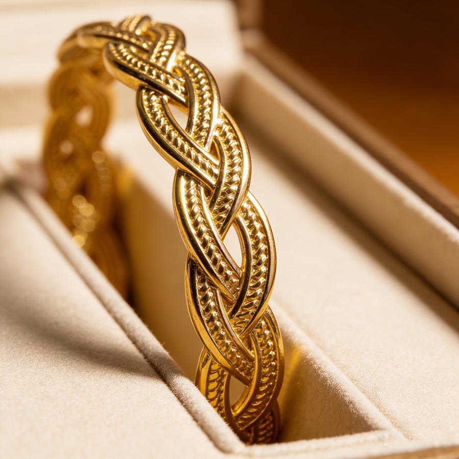 1pc High-quality Stainless Steel Woven Golden Open Bangle, Fade-resistant Adjustable Size, Comfortable and Versatile, Simple and Elegant
