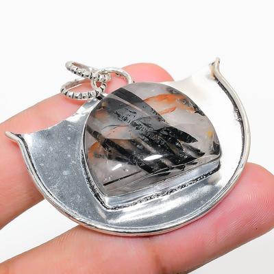 Natürlicher Schwarzer Rutil Edelstein Handgefertigter 925 Sterling Silber Anhänger 1.77" Q4t83