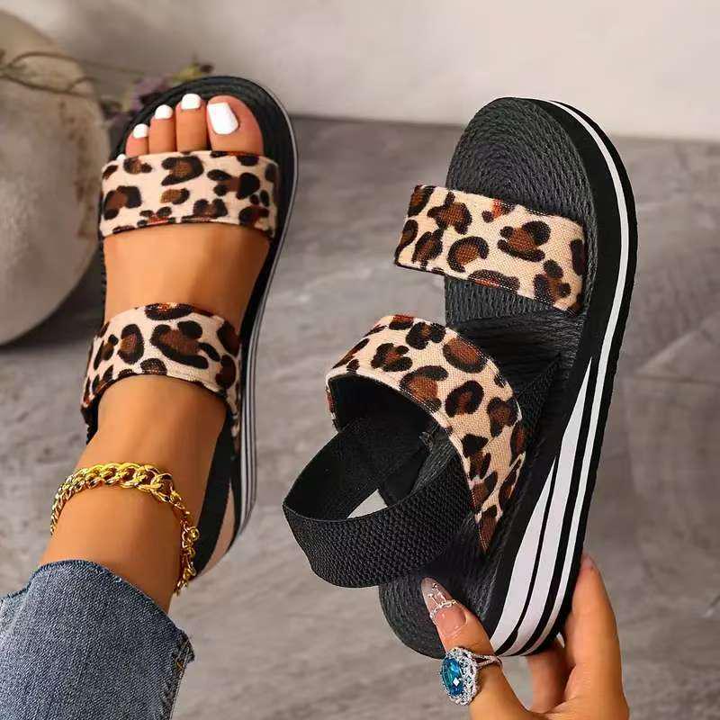 Leopard Print EVA Wedge Sandals - Plus Size Beach Summer Fashion, Height-Boosting Thick Sole.