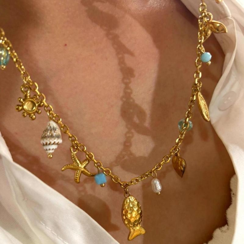 Stylish Marine Inspired Necklace Feature Natural Shell Starfish Fish Charm Adjustable Chain For Everyday Wear