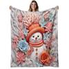 1pc Snowman & Flowers 3D Relief Flannel Blanket - Soft Warm Bedspread with Winter Snowmen, Blooming Flowers & Snowy Scenes - All-Season Couch Bed Cove