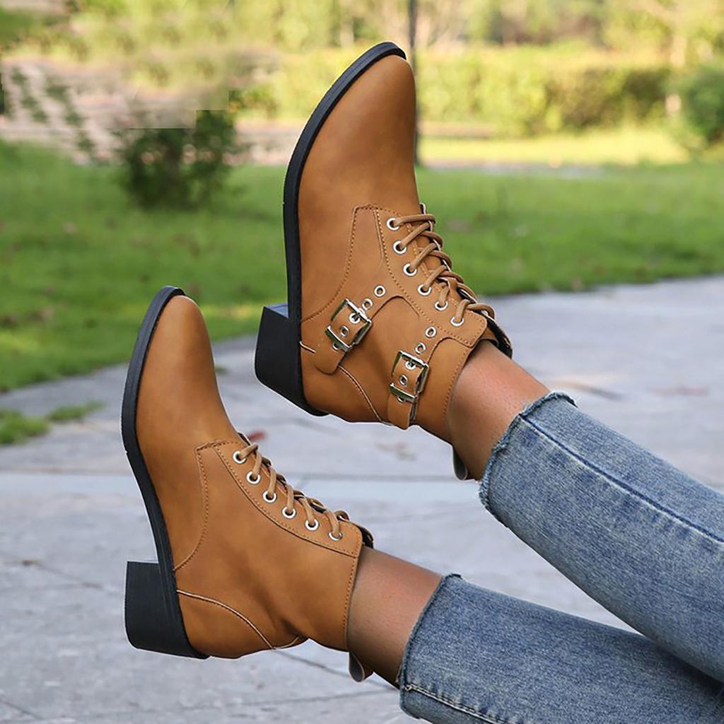 Ladies And Winter Solid Color Versatile Chunky Heel Large Belt Low Barrel Short Boots Women Boots Low Heel